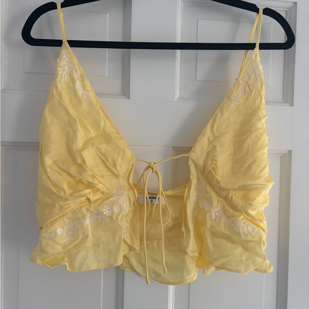 Rumored Yellow Floral Satin Tie-Front Top